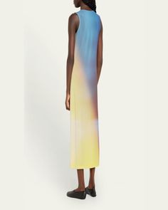 Issey Miyake "Light Leak" Japanese satin dress with an ombré effect    Round neckline    Sleeveless    Shift silhouette    Full length    Slipover style    Triacetate/polyester/polyurethane    Machine wash cold    Made in Japan Sleeveless Ombre Dresses For Spring, Gradient Sleeveless Maxi Dress For Party, Spring Sleeveless Gradient Dress, Sleeveless Gradient Maxi Dress For Party, Fitted Gradient Sleeveless Dress, Evening Sleeveless Gradient Dress, Sleeveless Gradient Evening Dresses, Sleeveless Gradient Dress For Evening, Ombre Sleeveless Evening Dress