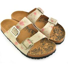 Beige and Pink Roses, Green Leaf Patterned Sandal - CAL209 – Calceo.co Comfortable Footbed Sandals With Rubber Sole, Comfortable Flip Flops With Cork-bed Midsoles, Beige And Pink, Colored Sandals, Double Strap Sandals, Strap Sandals Women, Fancy Shoes, Girly Shoes, Cute Sandals