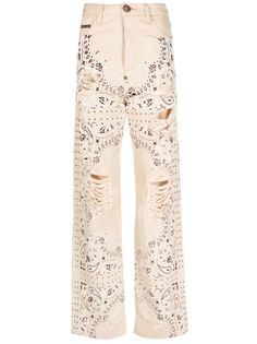 beige/black cotton paisley print ripped detailing high-waisted straight leg front button and zip fastening classic five pockets Philipp Plein Jeans, Philip Plein, Dress Reference, Cotton Jeans, Embellished Jeans, Airport Fashion, Women Watches, Famous Women, Philipp Plein