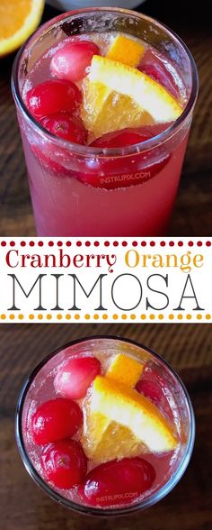 two glasses filled with cranberry orange mimosa next to an orange slice