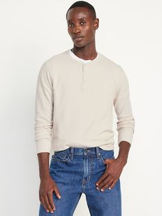 Waffle Henley T-Shirt | Old Navy Winter Crew Neck Henley With Buttons, Casual Winter Tops With Henley Neckline, Casual Henley Neckline Winter Top, Casual Solid Henley With Buttons, Solid Long Sleeve Henley With Buttons, Classic Long Sleeve Henley For Spring, Classic Crew Neck Henley With Button Closure, Fall Crew Neck T-shirt With Button Closure, Casual Long Sleeve T-shirt With Button Closure For Fall