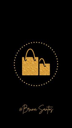 a black and gold logo with two shopping bags