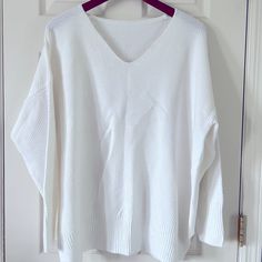 Xxl. White V-Neck Sweater. Very Soft. Never Worn. White V-neck Knit Sweater, White Oversized V-neck Sweater, White One Size V-neck Sweater, White Soft Knit V-neck Sweater, White Soft Knit Cozy V-neck Sweater, Mint Green Sweater, Velvet Sweater, Preppy Sweater, Floral Pullover