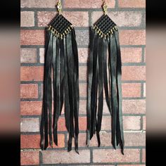 Leather Earrings One Of A Kind Very Light On Ears Hypoallergenic Available Upon Request They Will Become Your Favorite Black Edgy Dangle Earrings, Edgy Black Dangle Earrings, Adjustable Black Jewelry For Night Out, Edgy Black Earrings For Party, Edgy Black Party Earrings, Black Fringe Dangle Jewelry, Black Dangle Jewelry With Fringe, Trendy Adjustable Earrings For Evening, Black Fringe Drop Earrings