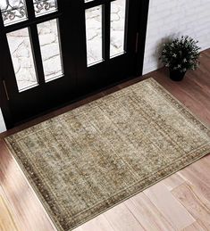 an area rug on the floor in front of a black door with glass panes