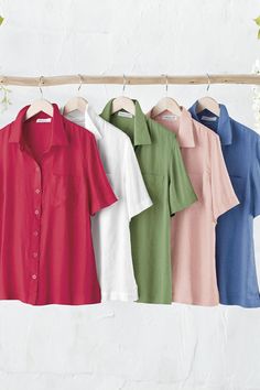 We gave our 100% Linen Camp Shirt a fit makeover you'll love – it’s easygoing, true-to-size and a bit longer. A classic yet modern look in pure sunwashed linen – the fabric of sunny seasons. Chest pocket, button front, side-slit hem. Imported. Linen Shirts Women, Knit Denim, Camp Shirt, Shirts Blouses, Camping Shirt, Linen Women, Petite Size, Linen Shirt, Jeans Shop