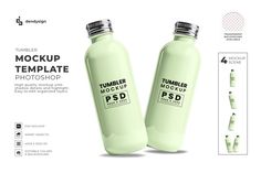 two green water bottles mockup for photoshopping on white background with description text