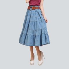 Elevate your wardrobe with our 2023 Spring-Summer Y2K-inspired long flare denim skirt! This eye-catching piece features a high-waist. tiered design with an embroidered y2k pattern. sanded finish. and a rubber closure for a perfect fit. Get ready to make heads turn with this timeless masterpiece!Why You'll Fall In Love Y2K Vibes: This statement piece is a vibrant tribute to the millennium's legendary fashion sense. High-Waist Design: Crafted to flatter your figure. the high-waist fit is perfect f Trendy Flare Skirt For Spring, Denim Blue Flare Skirt For Spring, Spring Flare Denim Blue Skirt, Spring Denim Blue Flare Skirt, Flared Denim Skirt For Summer, Casual Flare Skirt For Spring, Spring Flared Cotton Skirt, Casual Tiered Denim Skirt, Casual Flare Skirt For Summer