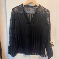 Brand New Zara Black Blouse Size Small. Sheer Blouse Elegant Black Sheer Blouse, Black Sheer Shirt For Night Out, Formal Black Sheer Blouse, Chic Black Blouse With Lace Top, Black Sheer Shirt For Spring, Sheer Black Shirt For Spring, Black V-neck Party Shirt, Elegant Black Zara Blouse, Chic Black Sheer Shirt