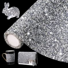 silver glitter table cloth, napkins and coffee mug on a black background with white accents