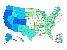 the united states is shown in blue and green, with numbers on each state's map