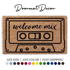 welcome mat with the words welcome mix and an old fashioned radio on it, in different colors