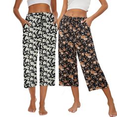 PRICES MAY VARY. Capri pajama pants for women are made of cotton polyester blend fabric, lightweight, breathable, stretchy, super soft against the skin and comfy enough for every day wearing Womans wide leg pants versatile enough to wear for pretty much any occasion, loungewear, casual wear, sleeping wear, pajama parties, yoga, vacation, or beaching wear; Also could be a great gift for mom, grandmother, wife or friends and families on Christmas Women's cotton lounge pants feature elastic waistba Casual Sleep Bottoms For Summer, Casual Summer Sleep Bottoms, Casual Sleep Pants With Pockets, Comfortable Summer Pants For Pajama Party, Sleepwear Trousers With Pockets For Loungewear, Casual Bottoms With Elastic Waistband For Pajama Party, Trousers Sleepwear With Pockets For Loungewear, Casual Sleepwear Trousers With Elastic Waistband, Casual Summer Sleepwear Trousers