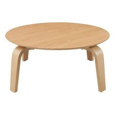 a small wooden table with two legs and a round shape on the top, sitting in front of a white background