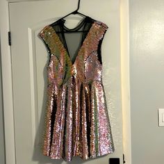 Free People Sequin Party Dress, Never Worn. Tags Are Not Attached, But An Extra Button For The Back Is Attached In A Baggie. Very Low Cut In The Front Covered With Black See Through Fabric. Free People Sequin Dress, Sequin Party, Sequin Party Dress, Free People Dresses, Free People Dress, Sequin Dress, Low Cut, Colorful Dresses, Sequin