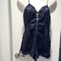 Victoria’s Secret Lace Cami One-Piece Sleep Romper Never Worn, No Tag Snap Bottom Closure Size Med Dark Blue Real Colors May Vary Slightly From The Color On Your Screen From Pet/Smoke Free Home Viktoria Secret, Sleep Romper, Cami Romper, Lace Cami, Victoria’s Secret, Women's Intimates, Dark Blue, Victoria's Secret, Rompers