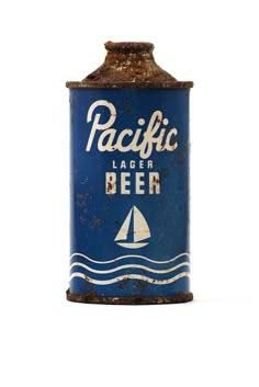 an old tin can with a sailboat on the bottom and pacific lager beer in it