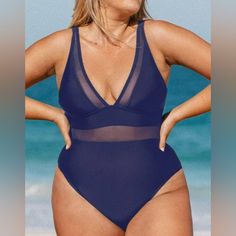 Cupshe Women's Plus Size One Piece Swimsuit, V Neck, Mesh Sheer Tummy Control With Adjustable Wide Straps, Size: 2x, Color: Blue Navy Summer Beach Bodysuit, Navy Summer Bodysuit For Beach, Navy Bodysuit For Beach In Summer, Navy Sleeveless Bodysuit For Beach, Navy Sleeveless Bodysuit For The Beach, Plus Size One Piece, Wide Straps, Womens Swim, One Piece Swimsuit