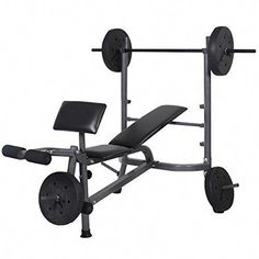 a weight bench with two barbells on the back and one arm extended up