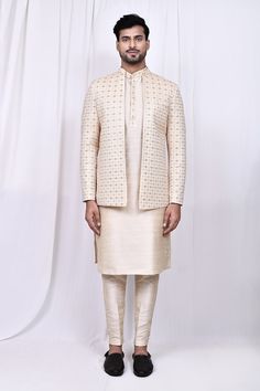 Cream jacket with thread embroidery in geometric pattern. Paired with matching kurta and pant. - Aza Fashions Pant Art, Pattern Jacket, Cream Jacket, Cocktail Reception, Nehru Jackets, Kurta With Pants, Thread Embroidery, Embroidered Jacket, Jacket Pattern