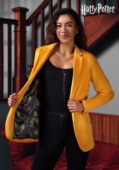 Harry Potter Hufflepuff Women's Blazer Satin Outerwear With Notch Lapel And Hidden Button Closure, Fall Satin Notch Lapel Outerwear, Fall Satin Outerwear With Notch Lapel, Notch Lapel Satin Outerwear For Fall, Spring Notch Lapel Satin Outerwear, Fall Satin Outerwear For Office, Fall Satin Single Breasted Outerwear, Chic Satin Outerwear With Notch Lapel, Spring Satin Outerwear With Notch Lapel