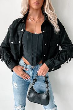 Chasing Cowboys Faux Suede Fringe Shacket (Ash Black) - NanaMacs Edgy Fall Tops With Pockets, Edgy Tops With Pockets For Fall, Casual Outerwear With Buttons For Night Out, Edgy Button-up Top For Fall, Edgy Button-up Fall Tops, Snap Button Tops For Night Out In Fall, Suede Fringe, Suede Material, Good Stretches