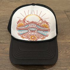 Excellent Pre Owned Condition. No Signs Of Wear. Looks Brand New. Waves, Beach, Sunshine, Summer Time, Flowers. The Mesh Back And Bill Are Black. B-H Black Curved Bill Trucker Hat For Beach, Black Trucker Hat With Curved Bill For Beach, Black Beach Season Hats, One Size Fits Most, Black Hat For Beach Season, One Size Fits Most, Beach Trucker Hat With Short Brim, Black Curved Bill Hat For Summer, Black Trucker Hat For The Beach, Casual Black Hats For Beach Season, Black Bohemian Sun Hat For Beach Season