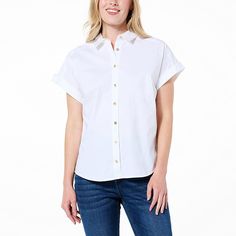 Jaclyn Smith Short-Sleeve Woven Button Front Shirt  You'll love the chic sophistication of this short sleeve button-down shirt, and how it pairs perfectly with denim or your favorite pencil skirt. Everyday Button-up Tops With Rolled Sleeves, Trendy Button-up Shirt With Rolled Sleeves, Solid Short Sleeve Shirt With Button Closure For Spring, Casual Short Sleeve Blouse With Back Button Closure, Spring Tops With Back Button Closure And Short Sleeves, Cotton Button-up Blouse With Rolled Sleeves, Short Sleeve Cotton Tops With Back Button Closure, Cotton Blouse With Rolled Sleeves Button-up, Classic Shirt With Rolled Sleeves For Day Out