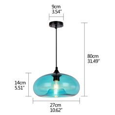 a blue glass pendant light with measurements for the height and width of each lamp fixture