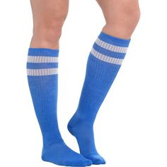 Pull on our Blue Stripe Athletic Knee-High Socks for some instant team spirit! These athletic knee-high socks feature allover bright blue with two white stripes at the top. They reach all the way up to your knees for a look that's both sexy and demure! Blue Stripe Athletic Knee-High Socks product details:  Each measures 19in long Fits men's shoe sizes 4 1-2 to 7 1-2 and women's shoe sizes 5 1-2 to 9 1-2  52% acrylic 39% polyester 6% rubber 2% spandex 1% other fiber  Hand wash cold line dry