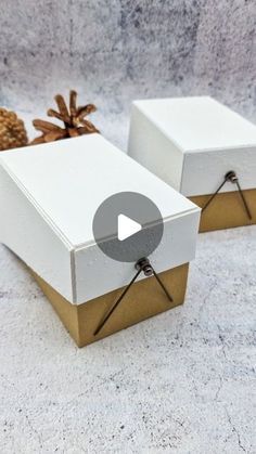 two white boxes sitting next to each other on top of a table with pine cones