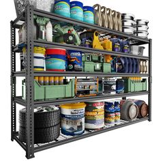 a metal shelving unit filled with lots of different types of paint and other items