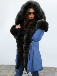 Midnight Blue Hooded Long-length Faux Fur Coats — Bridelily Coats With Fur, Drawstring Coat, Waistcoat Sweater, Solid Dress Casual, Womens Faux Fur Coat, Black Faux Fur Coat, Plush Coat, Faux Fur Coats, Casual Outwear