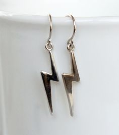 "These lightning bolt earrings are made of 925 sterling silver lightning bolt charms. The lightning bolt charm and earwires are made of sterling silver. The size of lightning bolt charm is 24.5mm x 6mm. This is very well made charm. The size of earrings is 1 3/8\" (35mm) long." Lightning Bolt Jewelry, Lightning Earrings, Bolt Earrings, Paw Print Bracelet, Lightning Bolt Earrings, Mermaid Bracelet, Women Anklets, Forest Hills, The Lightning