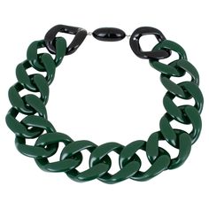 This adorable Angela Caputi, made-in-It Italy choker necklace features an extra-large flat resin chain design in a forest green color with a black contrast. Her matching of colors is always bold and classy. As you know, Caputi jewelry is not signed. This pre-owned necklace has had the plastic tag removed, but it still has the original brand signature snap closing clasp. Angela Caputi produced resin and Lucite jewelry collections since the 1980s in Florence, Italy. Some of her pieces are at the M Green Necklace With Adjustable Chain, Green Adjustable Chain Link Necklace, Green Chain Link Necklace With Adjustable Chain, Green Chunky Chain Necklace As Gift, Sculptural Necklace, Ruby Diamond Necklace, Sapphire Diamond Necklace, Baguette Diamond Necklace, Resin Chain