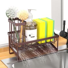 a kitchen sink with soap, sponges and other items in the dishwasher