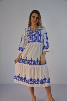 This tunic is a mix of chic, boho, and tribal. The simple consistent color geometric embroidery throughout the dress is simple, cute and classy. It is perfect for the summer time or your tropical getaways. The dress is made of Egyptian cotton which is widely renowned for its quality and texture. The dress is extremely light and soft and can be used on many occasions - beach, lounge, resort, festivals, theme parties, or just in your home to feel comfortable, fresh and chic. Composition : 70% Egyp Spring Cotton Kaftan With Floral Embroidery, Spring Folk Style Kaftan With Geometric Embroidery, Casual Embroidered Cotton Boho Dress, Peasant Style Embroidered Dress For Festival, Folk Style Long Sleeve Chikankari Dress, Embroidered Folk Style Kaftan For Spring, Peasant-style Embroidered Dress For Festival, Peasant Tunic Dress With Geometric Embroidery, Spring Folk Style Embroidered Kaftan