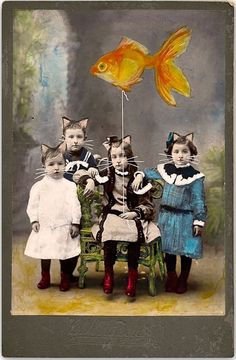 an old fashioned photo with cats and kittens holding a balloon in the shape of a fish