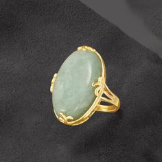 Ross-Simons - Jade Ring in 18kt Gold Over Sterling. Size 10. This ring flaunts a soft and smooth green 30x20mm jade cabochon. For added glory, 18kt yellow gold over sterling silver scrolls elegantly frame the large eye-catching gem. 1 1/4" wide. Jade ring. Green Jade Ring, Jade Color, Smoky Quartz Ring, London Blue Topaz Ring, Pink Topaz, Jade Ring, Jade Jewelry, Green Jade, Blue Topaz Ring