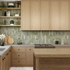 a kitchen with wooden cabinets and white counter tops