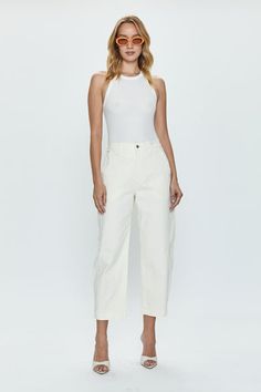 Eli High Rise Arched Trouser - Eggshell Spring Cropped Leg Bottoms With Seam Detailing, Relaxed Fit Pants With Seam Detailing And Cropped Leg, Relaxed Fit Cropped Pants With Seam Detailing, Chic Bottoms With Seam Detailing For Spring, Chic Spring Bottoms With Seam Detailing, Summer Workwear Bottoms With Seam Detailing, Modern Cropped Bottoms With Relaxed Fit, Spring Tapered Cropped Pants, Modern Cropped Bottoms For Work