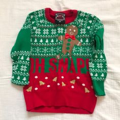 3t Holiday Sweater, Red And Green - Only Worn Once, Like Brand New Red Sweater For Fall Playtime, Green Christmas Sweater, Red Green Plaid Holiday Shirt, Retro Green Cotton Sweater, Red And Green Striped Sweater, Christmas Green Cotton T-shirt, Playful Long Sleeve Red Sweater, Holiday Sweater, Red Sweaters