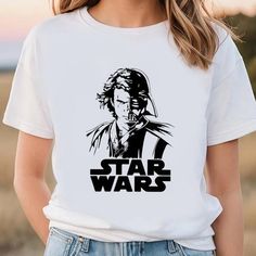 a woman wearing a star wars t - shirt