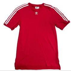 Excellent Condition, Washed, But Never Worn. Designed To Be Worn As A Dress, However Length May Be More Favorable As A Long T-Shirt For Some. Classic White Stripes Down Shoulder/Arms. Side Slits. Length From Shoulder To Bottom Hem ~31” Adidas Tops In University Red With Short Sleeves, Adidas Red Top With Three Stripes, Adidas University Red Short Sleeve Top, Red Short Sleeve Tops With Three Stripes, Red Adidas Tops With Three Stripes Branding, Adidas Red Short Sleeve Top, Adidas Short Sleeve T-shirt With Three Stripes, Red Crew Neck Top With Three Stripes Branding, Adidas Red Short Sleeve T-shirt