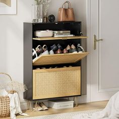 an open shoe rack with shoes on it