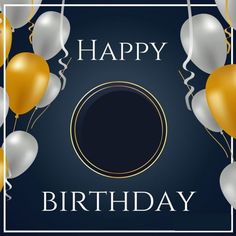 a birthday card with balloons and streamers in the shape of a circle on a dark blue background