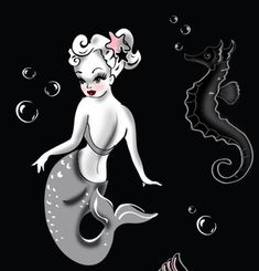 a mermaid with white hair sitting on top of a black background