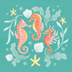 two seahorses and starfish on a blue background