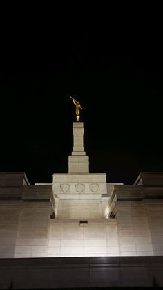 the statue is lit up at night with its lights on