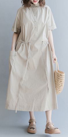 Chic Drawstring Cotton Summer Clothes For Women Runway Khaki long Dresses Simple Maxi Dress, Long Clothes, Sporty Dress, Summer Pregnancy, Woman Dress, Plus Size Maxi, Fashion Dresses Casual, Pregnancy Shirts, Plus Size Maxi Dresses